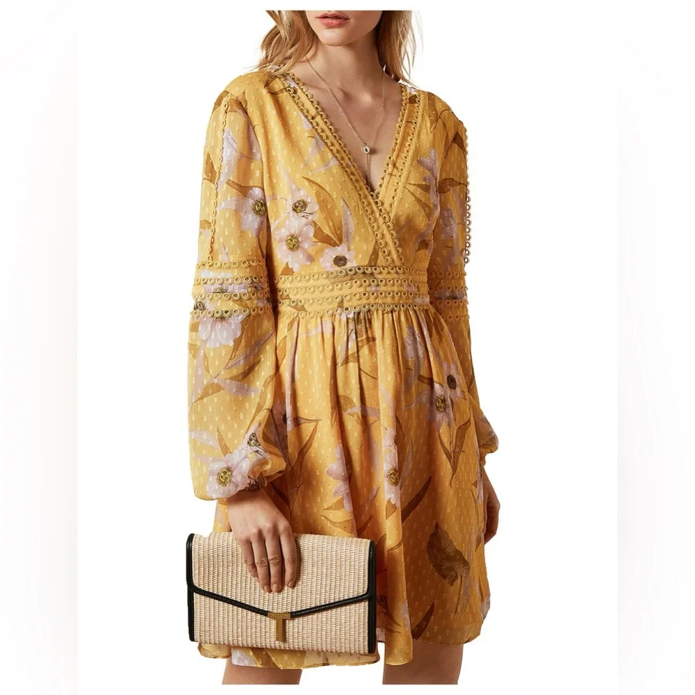 TED BAKER “Posyy” Yellow Mini V Neck Floral Dress w pockets - Picture 14 of 14